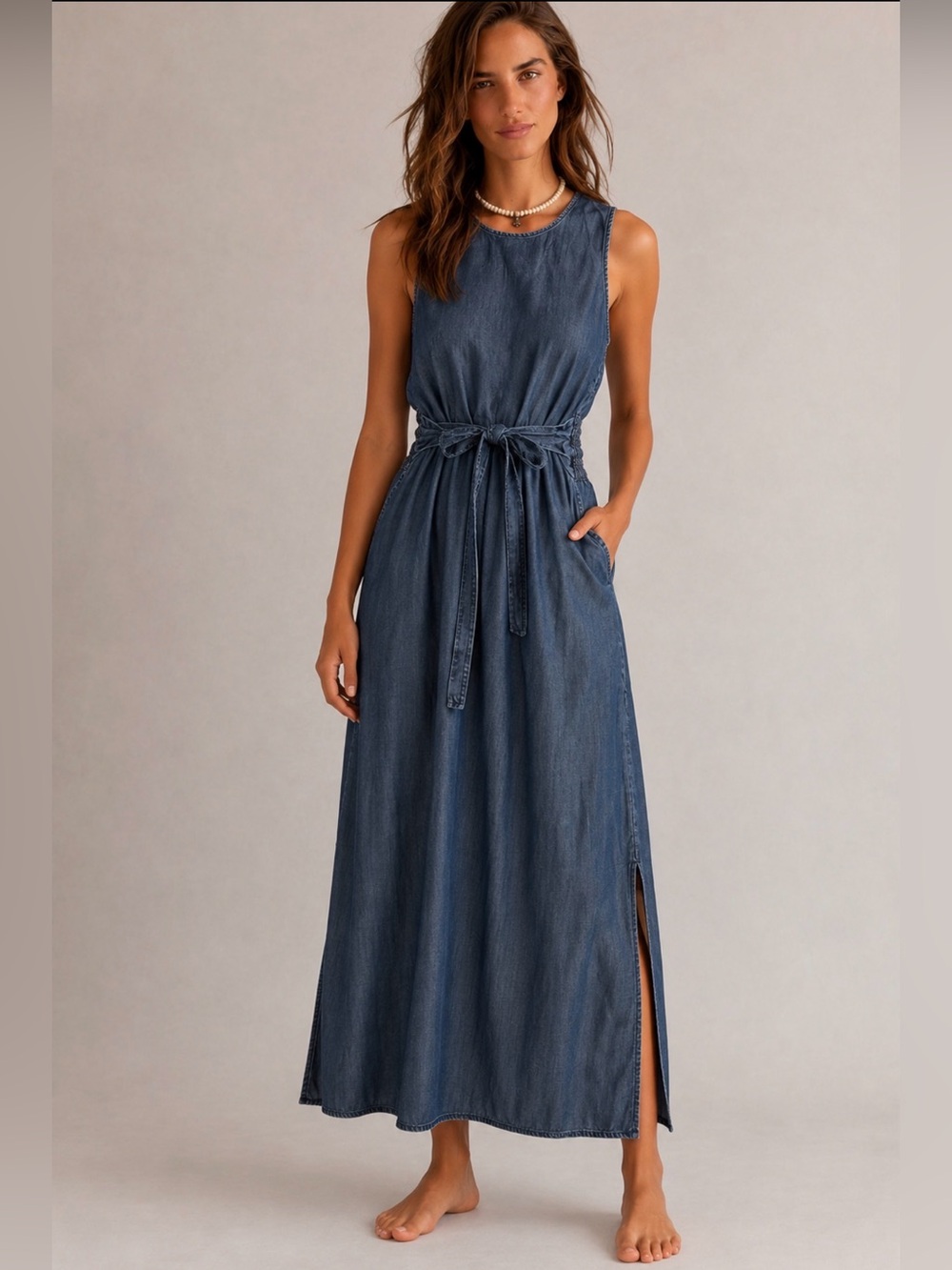Sleeveless Denim Maxi Dress with Tie-Waist - Blue
